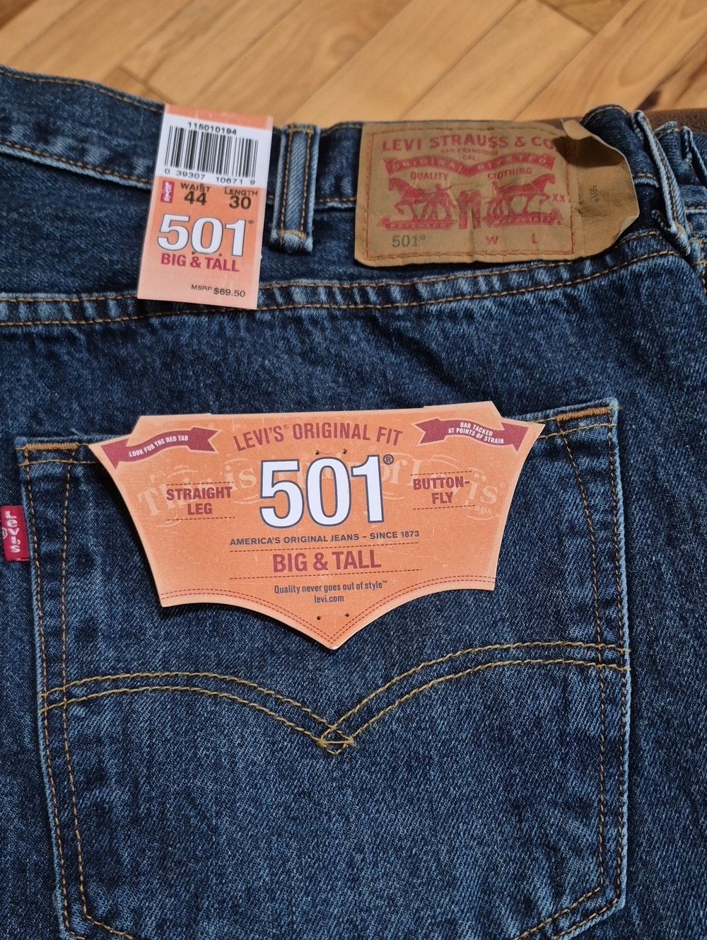New With Tags Levi's 501 Big & Tall Straight Leg Jeans - Indigo Blue Size 44x30